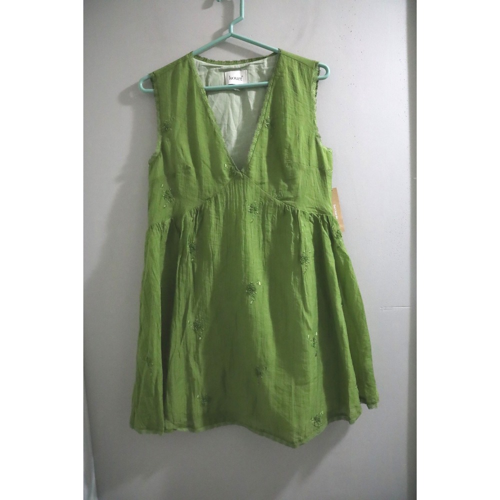 kourt Stefania Dress Green Beaded Floral Babydoll Mini Dress V-Neck XS NEW